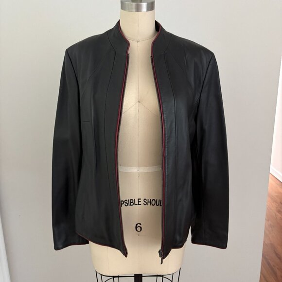 Pier Angelini Black Leather Jacket with Red Trim Size 40 - Picture 4 of 11